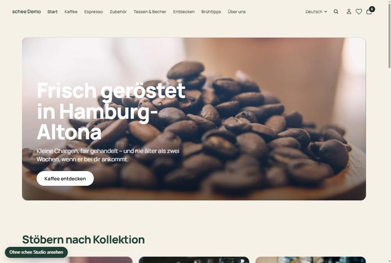 Dieselbe Startseite mit dem Look schee und der Bühne von schee Studio